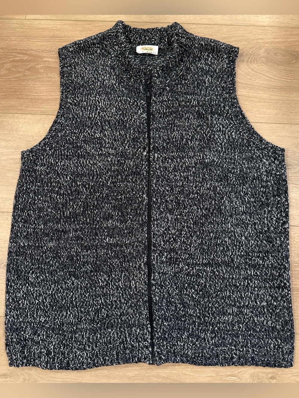 TALBOTS Woman Size L-XL Zip Front Cotton Sweater Vest Mock Neck Black White Gray
